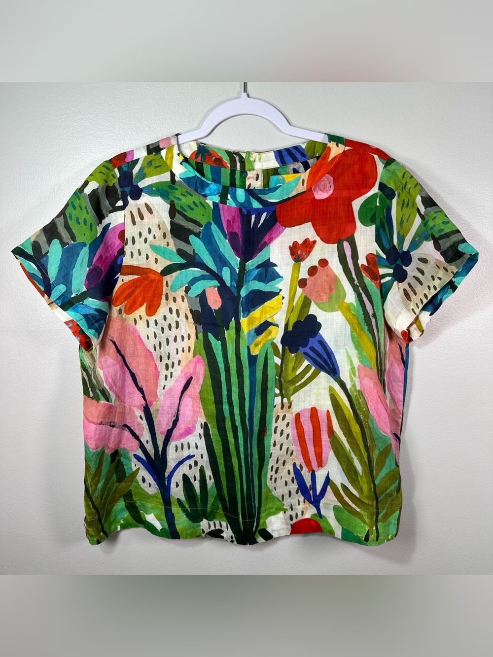 Ja Socha Premium 100% Linen Floral Print Top Womens Sz XL Short Sleeve Vibrant